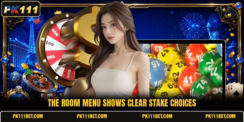 The room menu shows clear stake choices
